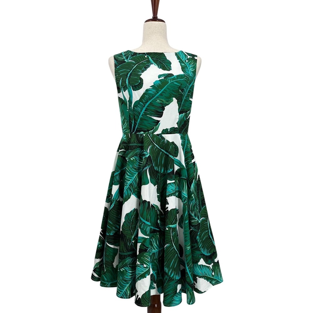Grace Karin Green and White Tropical Leaf Fit-and-Flare Dress